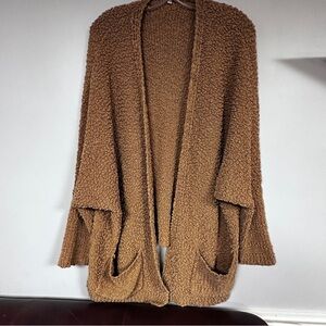 Cozy Beige/Dark Tan Soft Nubby Momcore Open-Front Cardigan, Drop Sleeve, XL